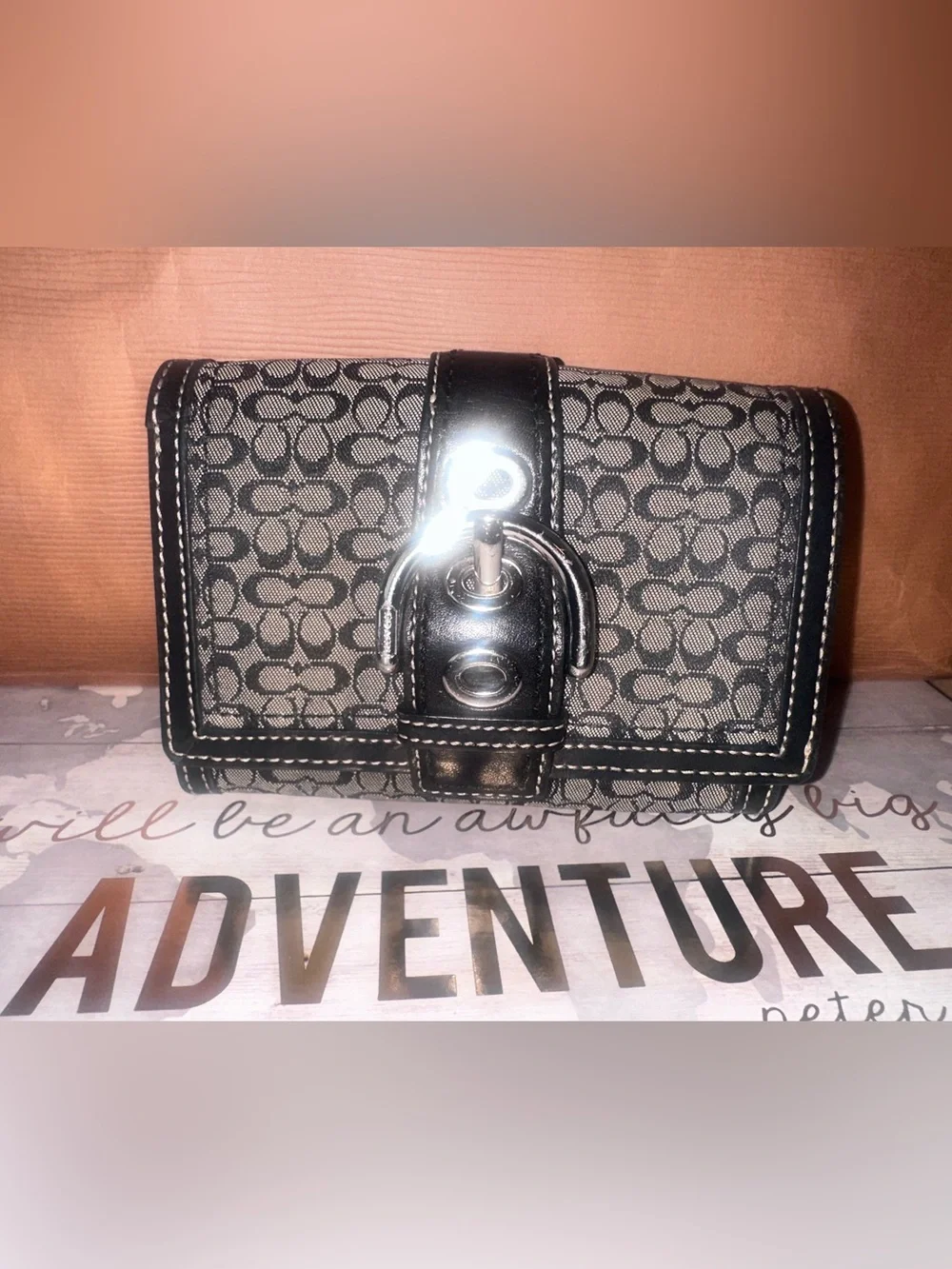 Vintage Coach SoHo Black Signature Jacquard Wallet with Buckle Detail!